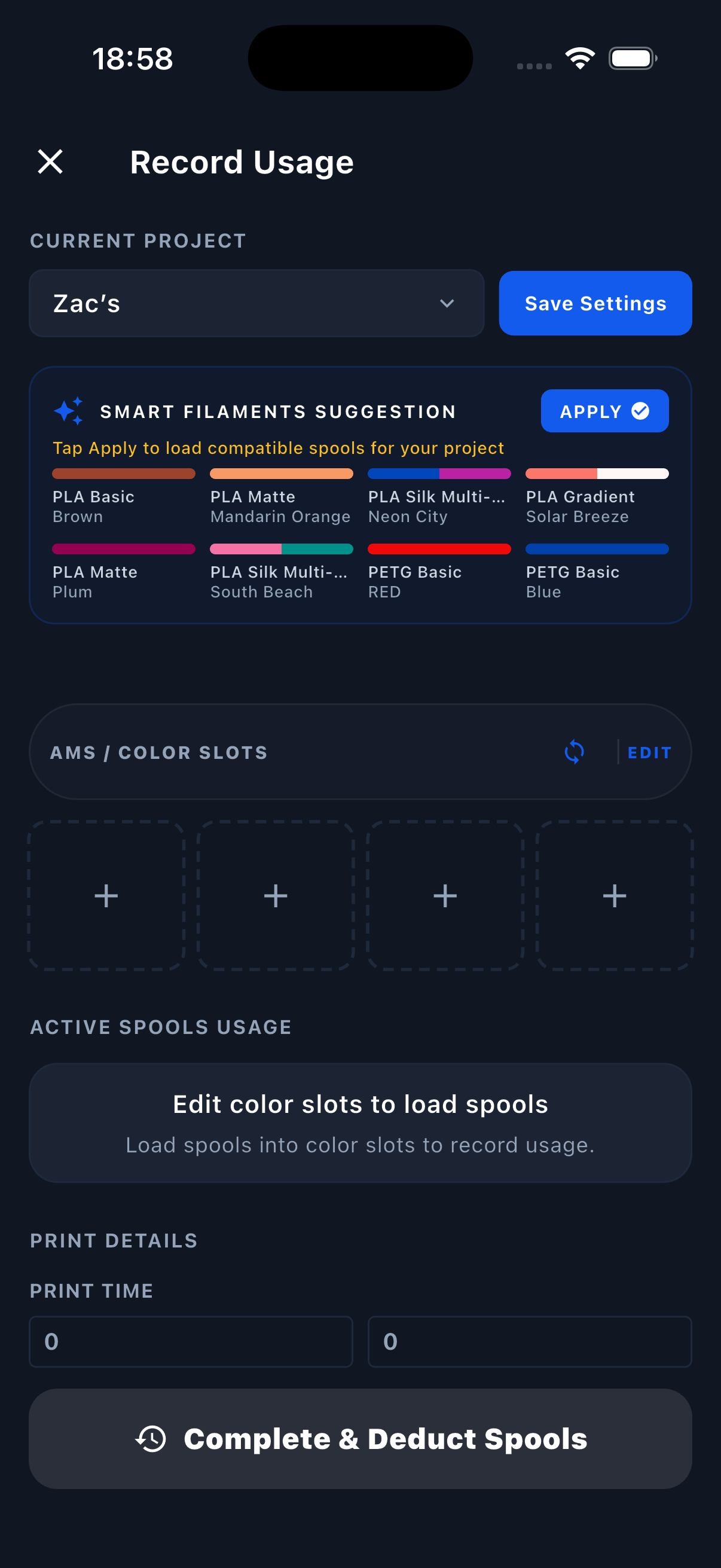 Filament Genius mobile interface for AMS slots and per-spool usage tracking